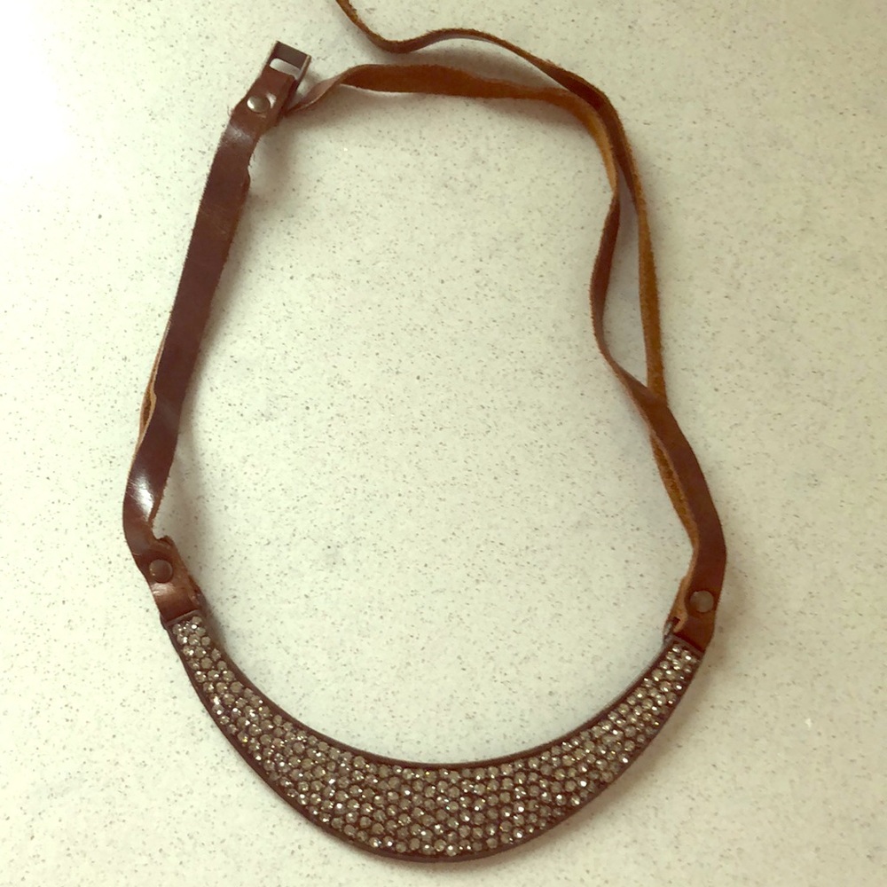 Rhinestone statement necklace with leather chain